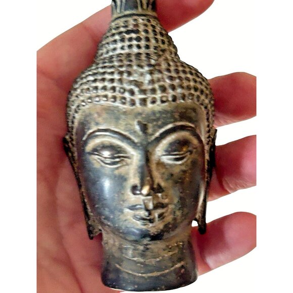Thai Buddha Head Antique 4.25" Statue Figurine Bronze - Picture 9 of 10
